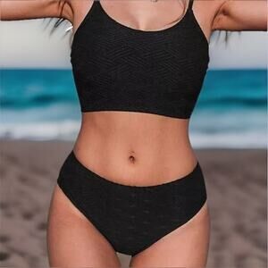 CUPSHE Black Textured Bikini Set Womens Small 2 Piece Scoop Neck High Waist NWT